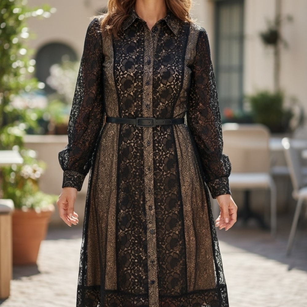 Catherine Malandrino Black Lace Shirt Dress Sheer Overlay Belted Midi Romantic S